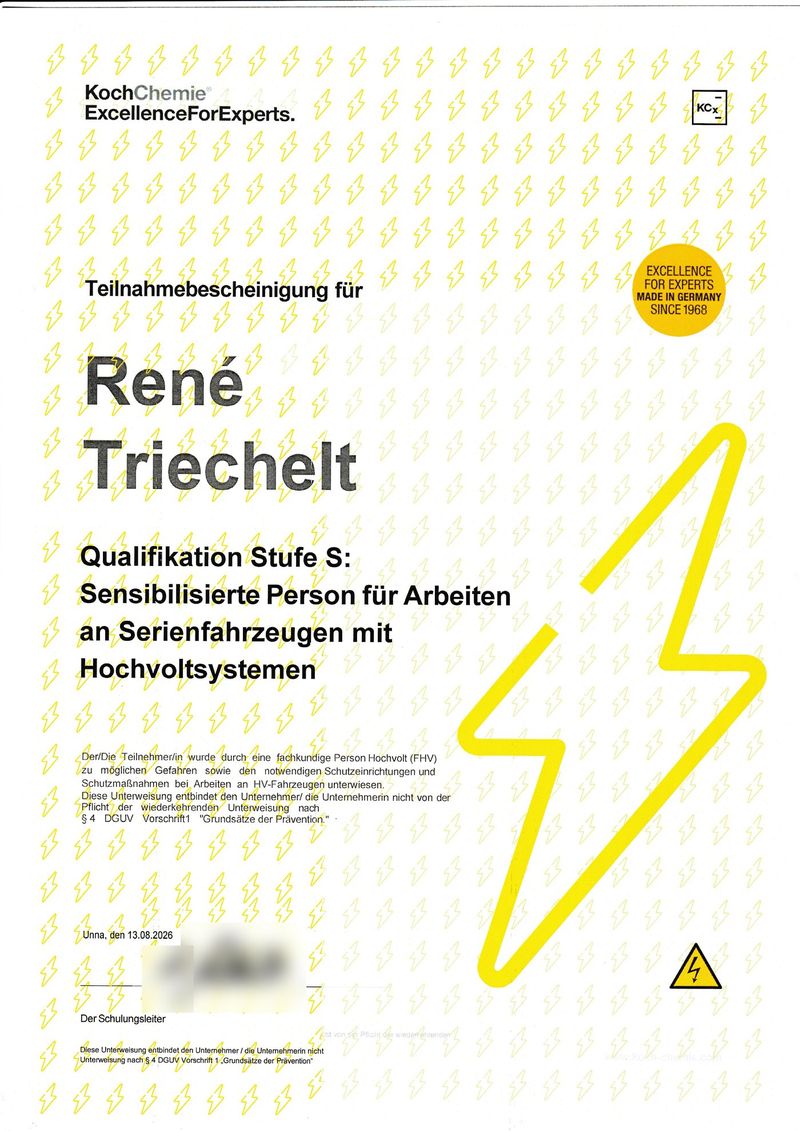 Teilnahmebescheinigung „Hochvolt-Qualifikation Stufe S“ für René Triechelt, Koch-Chemie